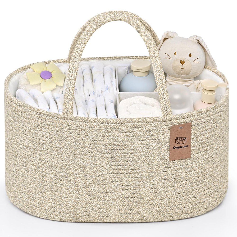 19L Baby Diaper Caddy Organizer, 16.8"x9.8"x9" Cotton Rope Diaper Basket, Changing Table Storage Caddy With Removable Divider, Baby Basket for Nursery, Car, Diapers, Baby Shower Gifts for Newborn