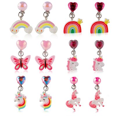 Mikovivi 6 Pairs Colorful Clip on Drop Earrings Set, Resin No Pierced Design Kids Child Dangle Earrings Cute Butterfly Ear Clips for Children Toddler Party Daily Wearing Princess Jewelry