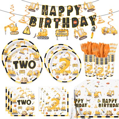 201pcs Construction 2nd Birthday Party Decorations 2nd Plates Napkins Tableware Set Disposable Paper Cup Banner Hanging Swirl Tablecloth for Boys Construction Two Years Old Party Supplies Serves 24