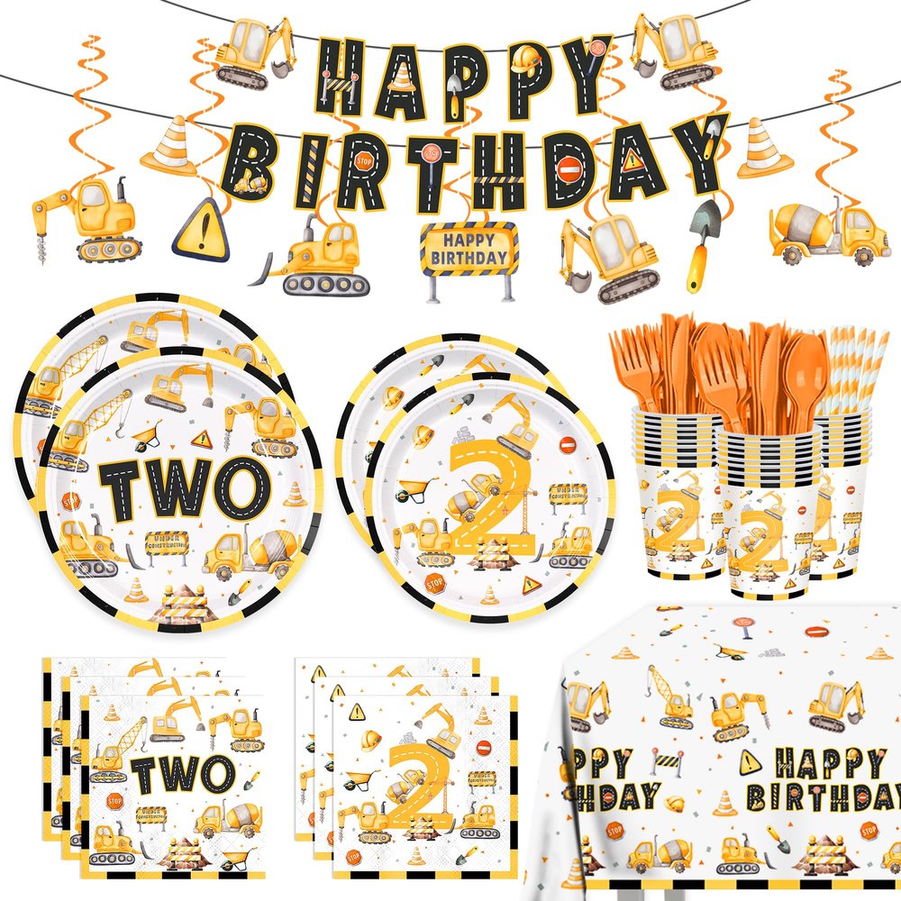 201pcs Construction 2nd Birthday Party Decorations 2nd Plates Napkins Tableware Set Disposable Paper Cup Banner Hanging Swirl Tablecloth for Boys Construction Two Years Old Party Supplies Serves 24
