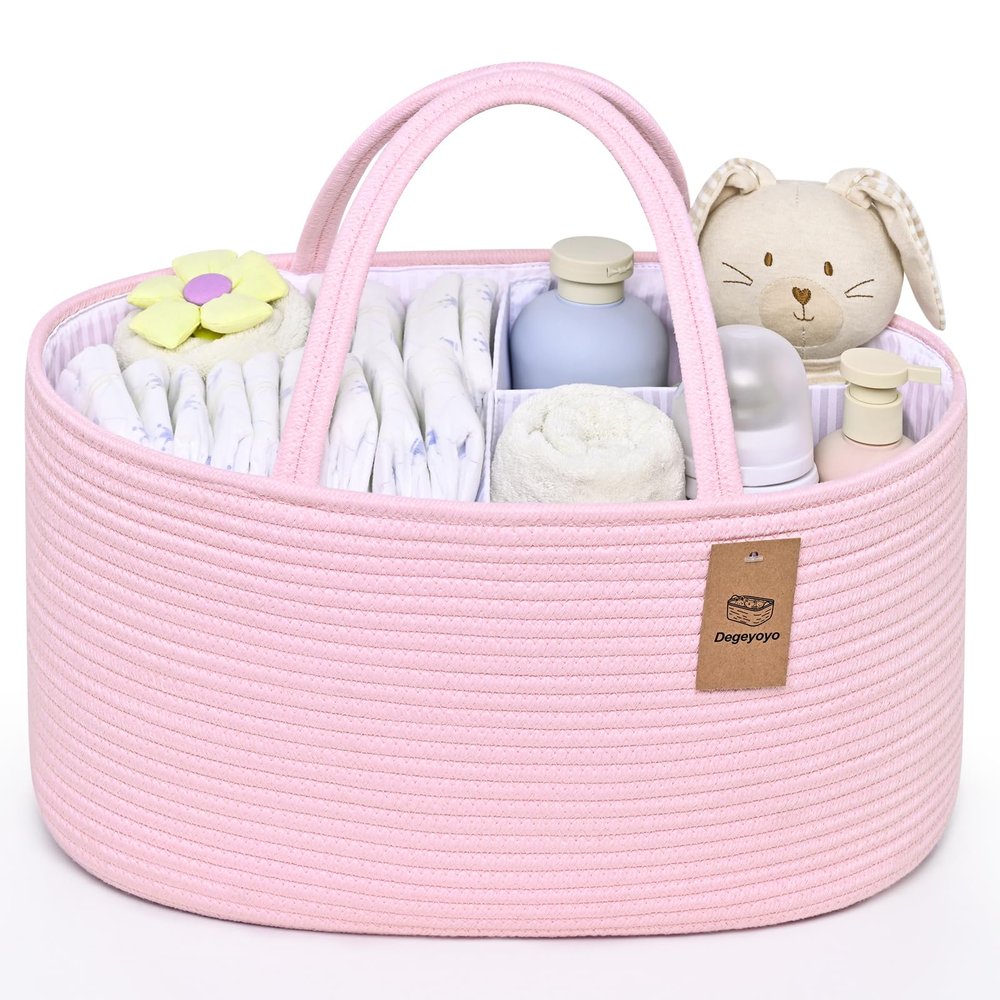19L Baby Diaper Caddy Organizer, 16.8"x9.8"x9" Cotton Rope Diaper Basket, Changing Table Storage Caddy With Removable Divider, Baby Basket for Nursery, Car, Diapers, Baby Shower Gifts for Newborn