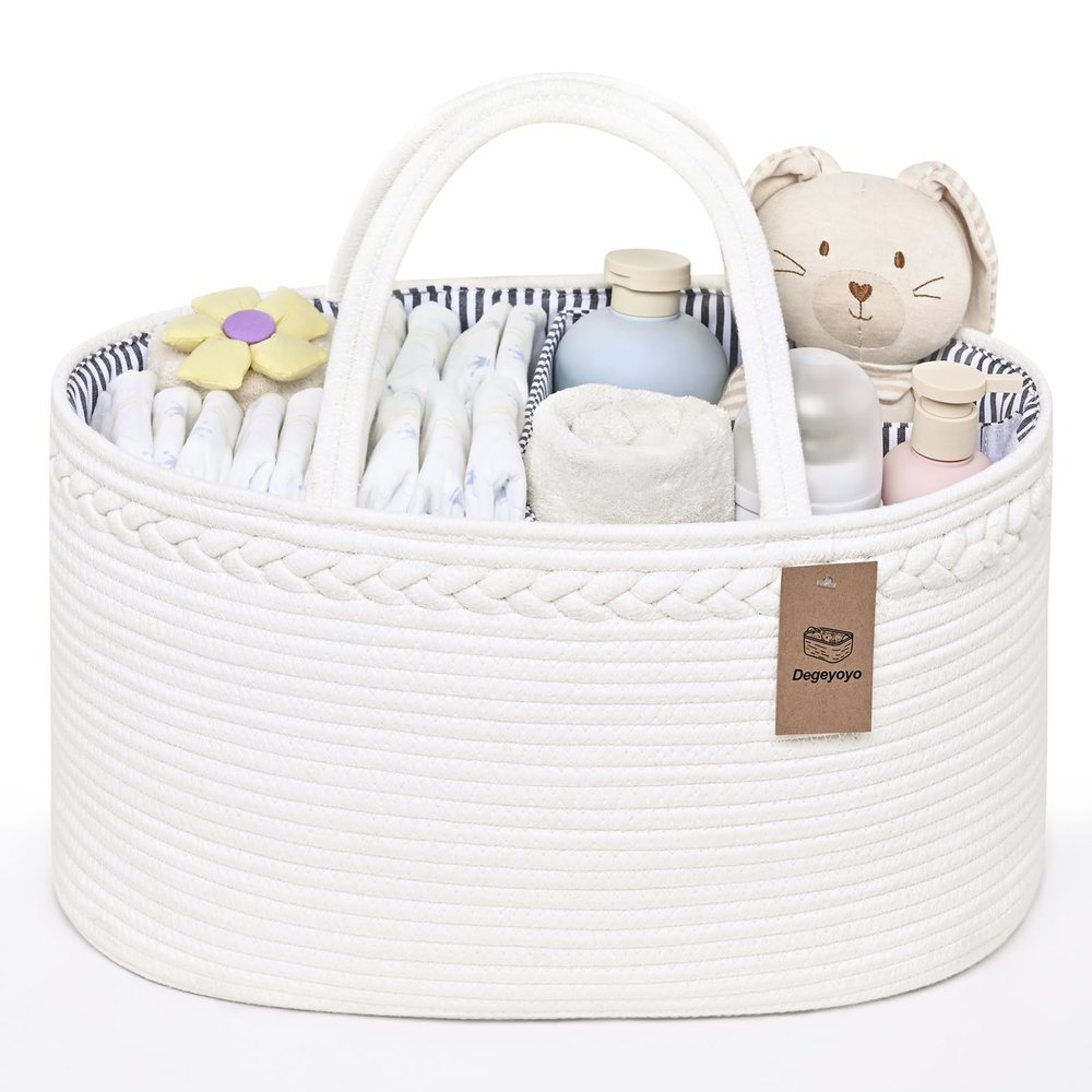 19L Baby Diaper Caddy Organizer, 16.8"x9.8"x9" Cotton Rope Diaper Basket, Changing Table Storage Caddy With Removable Divider, Baby Basket for Nursery, Car, Diapers, Baby Shower Gifts for Newborn