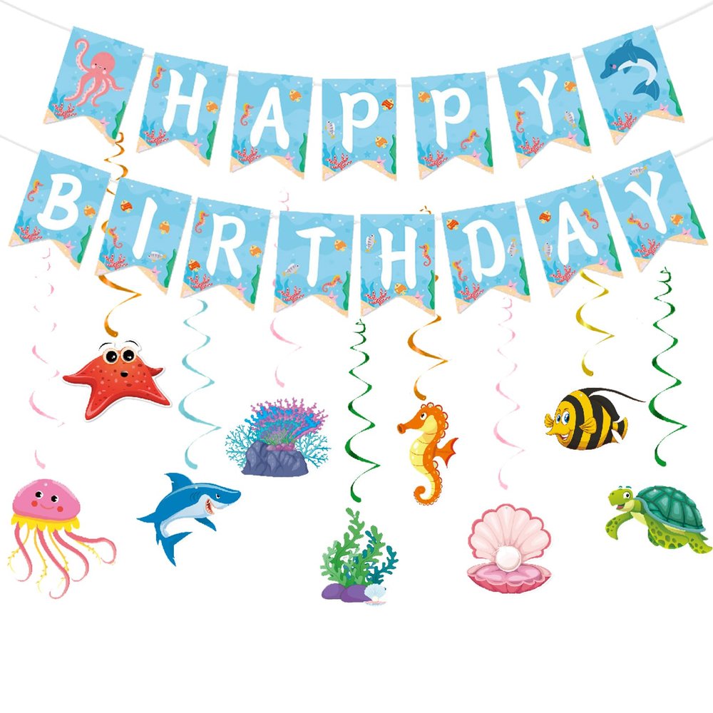 Zwiebeco Sea Animals Happy Birthday Party Decoration Banner Bunting Garland Hanging Paper Swirls Kit for Ocean Under The Sea Animals Marine Life Themed Boys Girls Kids Accessories Supplies