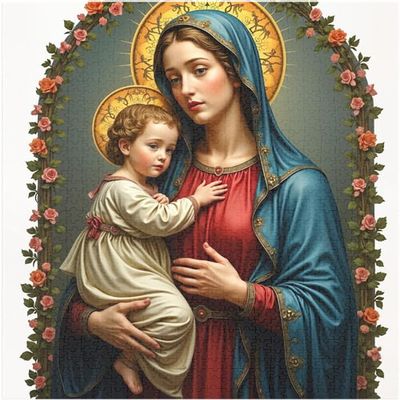 Religious Art Piece Shows Virgin Mary Holding Baby Jesus Mary Looks Peaceful Jesus Gentle Jigsaw Puzzles 1000 Pieces for Adults Puzzle Gift for Women Men 29.5x19.7 Inch