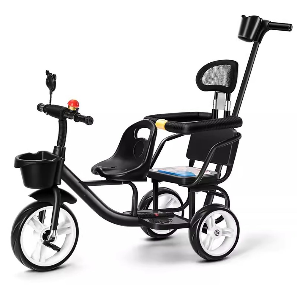 JIYIAN Black,Style 3, Twin Tandem Tricycle for Children,Two-Seater Pedal Bicycle,with Spacious Rear Soft Seats/Removable Rear Push Handle/Enlarged Pedals Balance Bikes