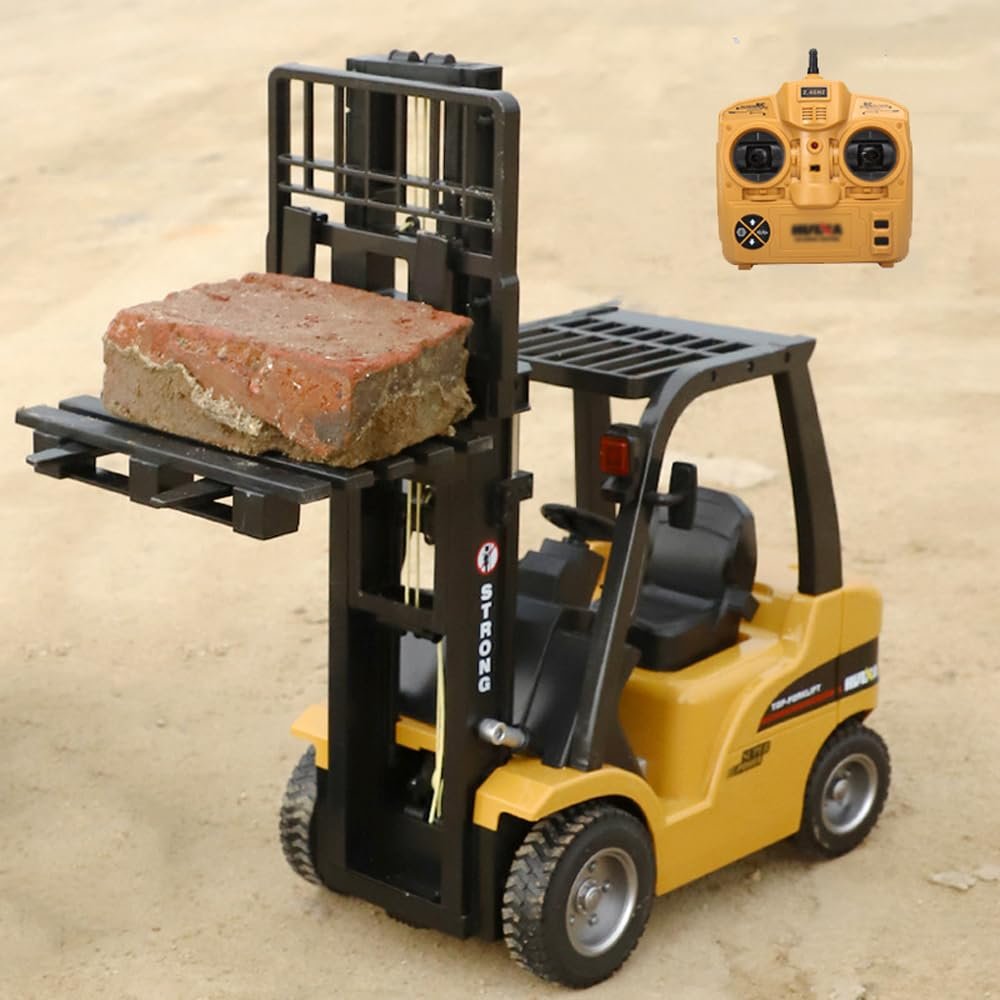 FANXMF 1/10 RC Forklift 10 Channel Remote Control Forklift with Metal Carrier Slab and Hook Arm 2.4G Fully Functional Construction Truck Engineering Vehicle with Lights Sound Heavy Duty Equipment 1577
