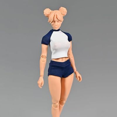 1/12 Scale Female Clothes Shirts & Shorts Set, Blue with White Top & Shorts Sportwear Set Clothing Costume Outfit for 6-inches Girl Action Figure Body (Long Shirt + Shorts)