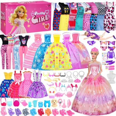 122Pcs Doll Clothes And Accessories - With Doll Sets,Fashion Pack Playset Including Wedding Gowns/Dresses/Hangers/Shoes/Outfit,Fashionista Princess Dolls Playset,Birthday Girls Gifts Age 345678