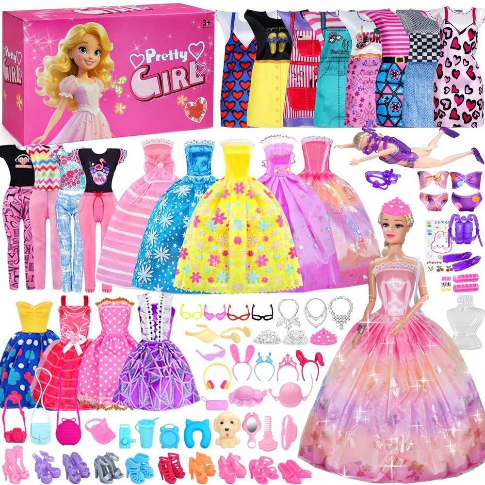 122Pcs Doll Clothes And Accessories - With Doll Sets,Fashion Pack Playset Including Wedding Gowns/Dresses/Hangers/Shoes/Outfit,Fashionista Princess Dolls Playset,Birthday Girls Gifts Age 345678