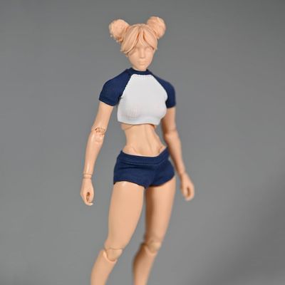 1/12 Scale Female Clothes Shirts & Shorts Set, Blue with White Top & Shorts Sportwear Set Clothing Costume Outfit for 6-inches Girl Action Figure Body (Short Shirt + Shorts)