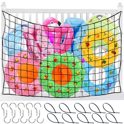 71 x 47in Pool Toy Float Storage Net, Extra Large Hanging Pool Storage Net Swimming Poolside Fence Toys Holder with Hook and Ties for Inflatable Rafts, Water Inflatable Toys