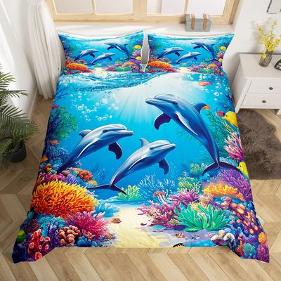 jejeloiu Dolphin Duvet Cover Kids Boys Girls Toddler Size Cute Ocean Animal Bedding Set Ultra Soft Sea Animal Print Comforter Cover Blue Ocean Marine Themed Bedspread Cover Sea Creatures,No Comforter