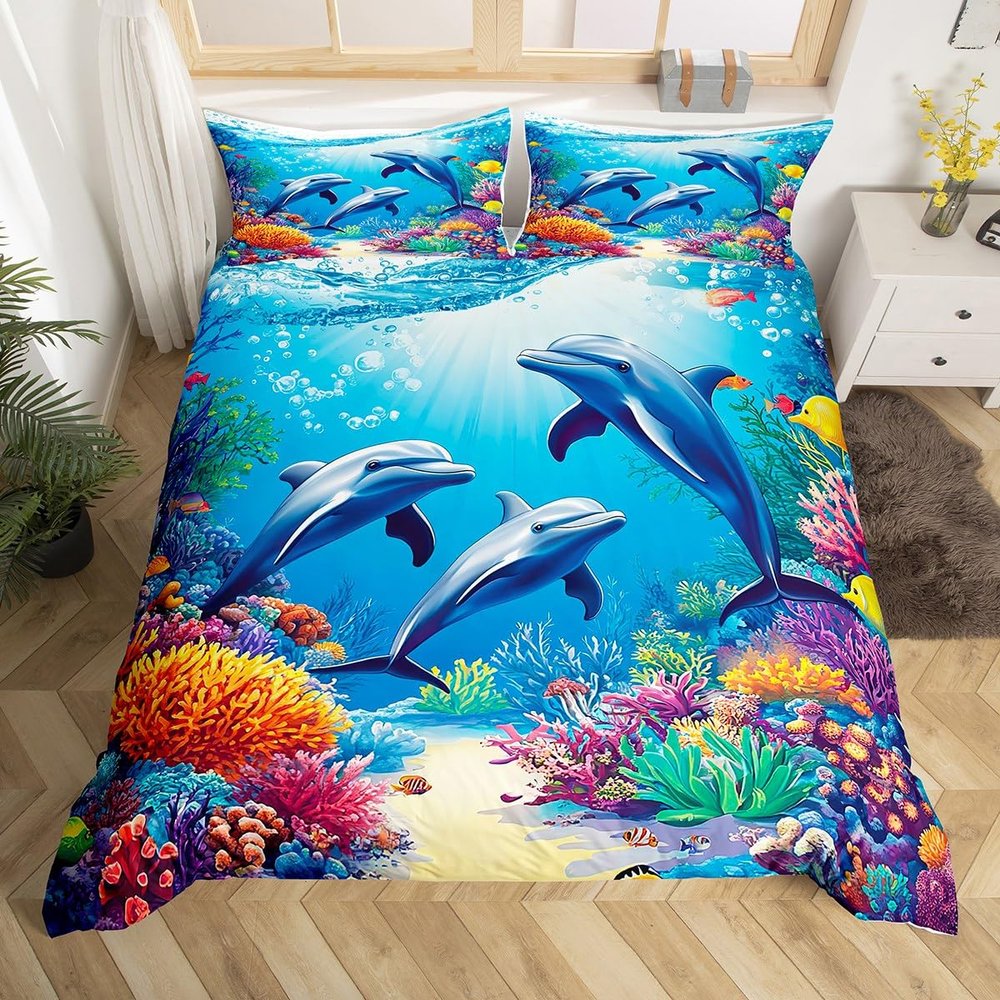 jejeloiu Dolphin Duvet Cover Kids Boys Girls Toddler Size Cute Ocean Animal Bedding Set Ultra Soft Sea Animal Print Comforter Cover Blue Ocean Marine Themed Bedspread Cover Sea Creatures,No Comforter