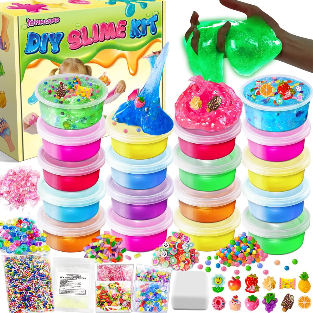 18 Cups DIY Slime Kit, Slime Making Kit for Girls, Crystal Clear, Glow in The Dark Slime with Add-ins, Foam Balls, Charms, Party Favors Gift Toys for Kids 3-12