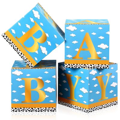 Faccito 4 Pack Cartoon Story Baby Shower Box Birthday Party Decoration Inspired Cartoon Story Balloon Boxes Blocks Blue Sky Cloud Print Centerpiece Decor for Birthday Party Gender Reveal Supplies