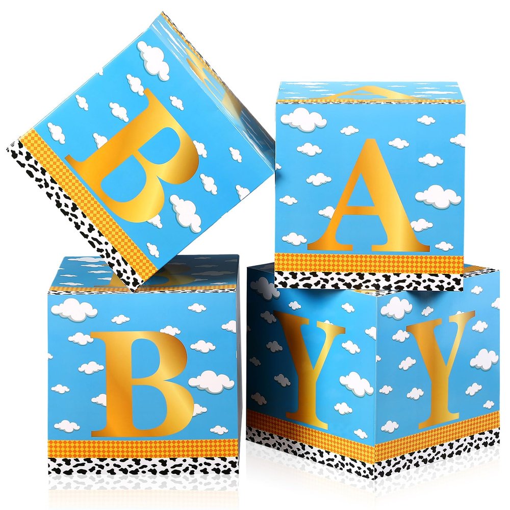 Faccito 4 Pack Cartoon Story Baby Shower Box Birthday Party Decoration Inspired Cartoon Story Balloon Boxes Blocks Blue Sky Cloud Print Centerpiece Decor for Birthday Party Gender Reveal Supplies