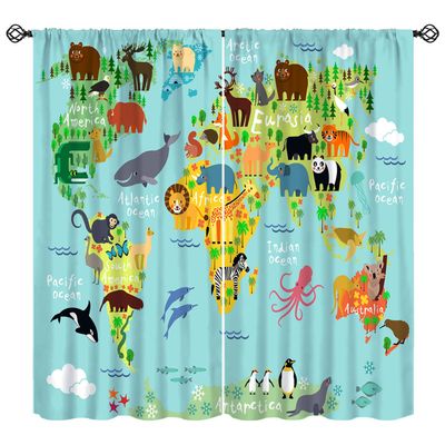 Cartoon Map Curtains for Kids, Animal Map The World Cartoon Mountains Forests Blackout Window Treatments, Rod Pocket Thermal Insulated Drapes 2 Panel Sets for Bedroom Living Room, 42"W X 63"L
