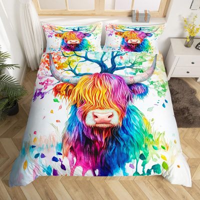 jejeloiu Highland Cow Duvet Cover for Kids Boys Girls Toddler Size Highland Cattle Bedding Set Ultra Soft Watercolour Comforter Cover Set Western Decor Bedspread Cover Farmhouse,No Comforter