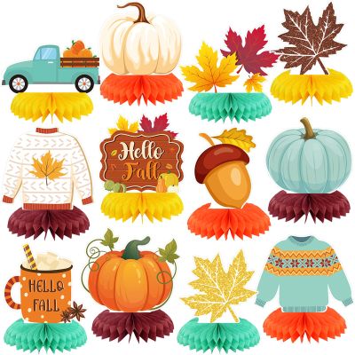 12 Pcs Thanksgiving Party Decoration Thanksgiving Fall Honeycomb Centerpieces Pumpkin Maple Leave Autumn Table Decoration 3D Double Side Truck Sweater Home Table Topper for Office Party Favor Supplies