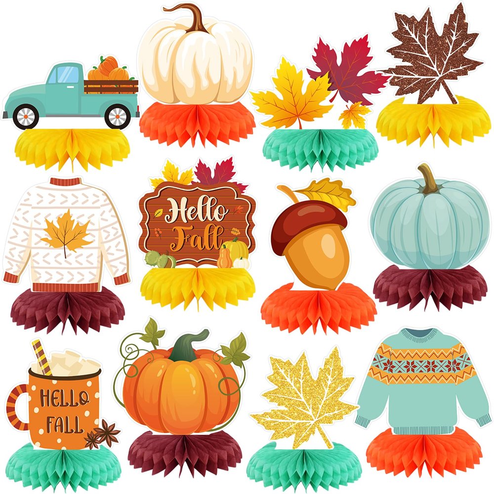 12 Pcs Thanksgiving Party Decoration Thanksgiving Fall Honeycomb Centerpieces Pumpkin Maple Leave Autumn Table Decoration 3D Double Side Truck Sweater Home Table Topper for Office Party Favor Supplies