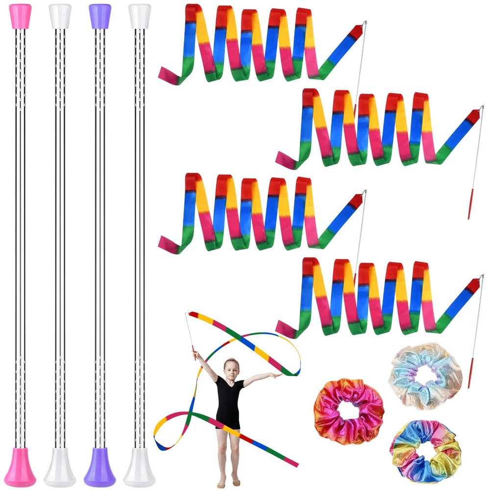 4 Pcs Twirling Batons 4 Pcs Ribbon Dancer Wands and 3 Pcs Rainbow Scrunchies for Kids, PLULON 21in Dance Batons For Baton Twirler, Kids' Gymnastics Twirling Baton for Artistic Dance