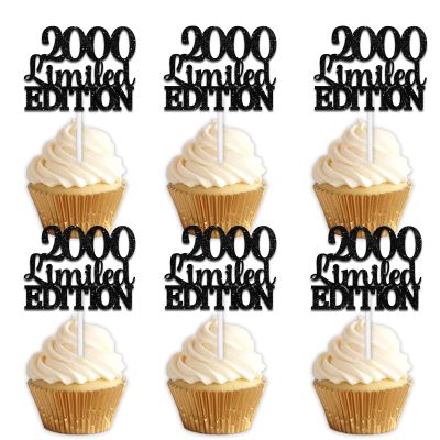 18pcs Black Glitter Dessert Cupcake Topper Pick for Funny 2000 Limited Edition Theme Decor Supplies Men Women Happy 25th Birthday Party Decoration