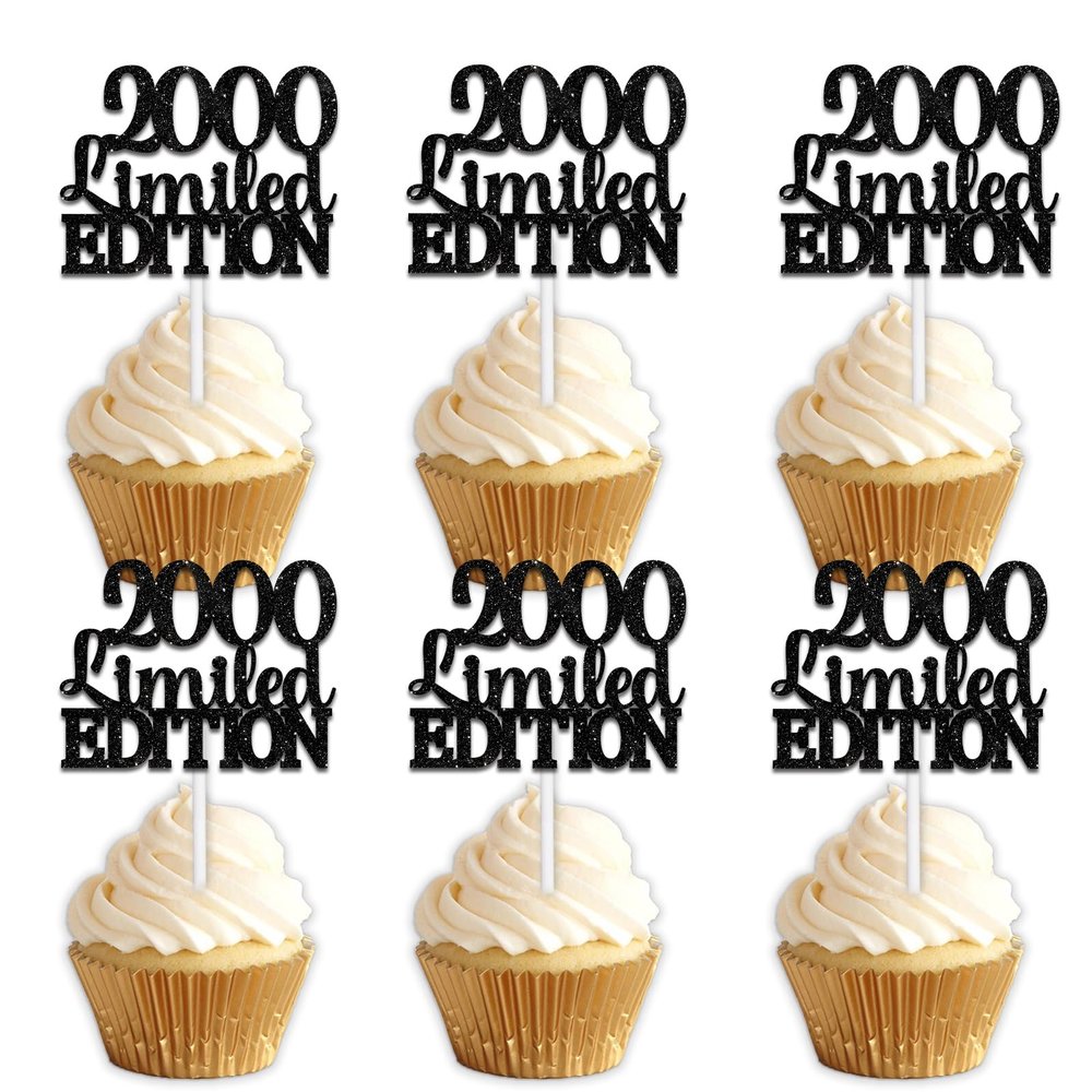 18pcs Black Glitter Dessert Cupcake Topper Pick for Funny 2000 Limited Edition Theme Decor Supplies Men Women Happy 25th Birthday Party Decoration