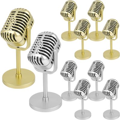 10 Pack Retro Microphone Props Fake Microphone Model with Stand Classic Vintage Plastic Antique Mic Table Decor for Halloween Party Decoration Rock Hip Hop Music Prop Pretend Play (Golden and Silver)