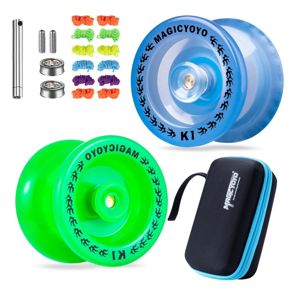 MAGICYOYO Pack of 2 Responsive Yoyos K1 Tug Return Hubstacks Yo-yo for Kids Beginners Dual Purpose Yo Yo with Unresponsive Bearing Kit + Storage Bag + 12 Strings +Hubstacks( Glow Blue & Glow Green)