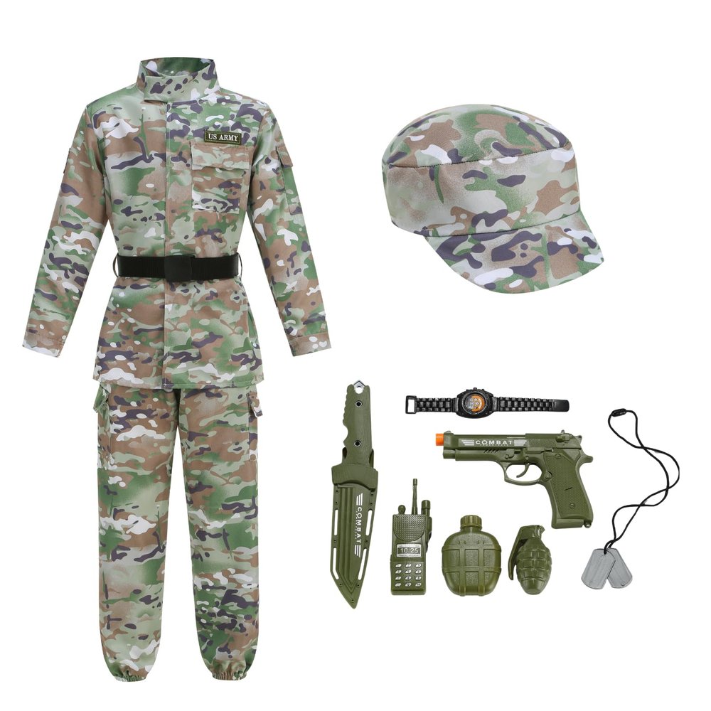 AGCOAH Kids Army Camo Trooper Soldier Special Forces Costume Cosplay Halloween 11 pcsGreen-Medium-8-10Y
