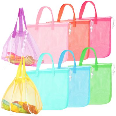 Paterr 8 Pcs Mesh Beach Bag Seashell Bags Foldable Large Beach Bag Organizer with Drawstring, Pool Gym Swimming Camping Accessories Lightweight Foldable Birthday Gifts (8 Colors)