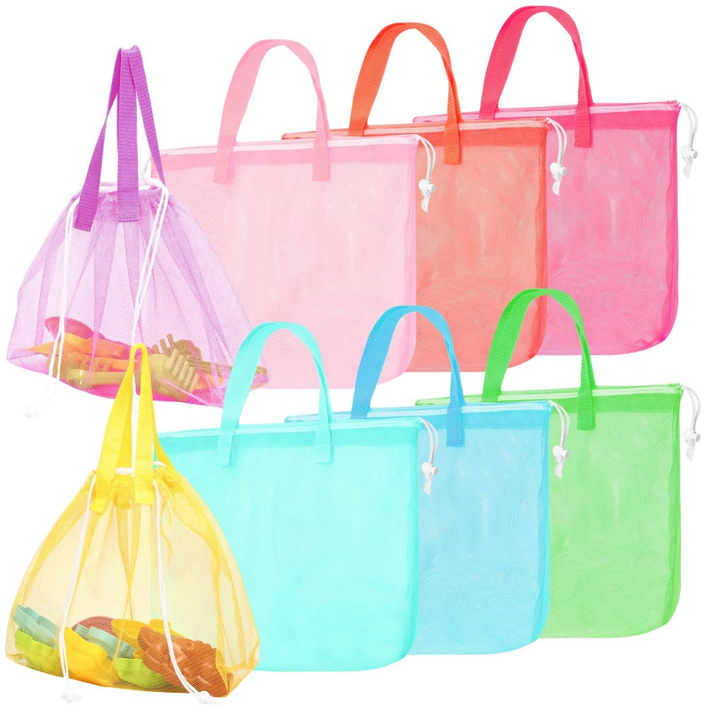 Paterr 8 Pcs Mesh Beach Bag Seashell Bags Foldable Large Beach Bag Organizer with Drawstring, Pool Gym Swimming Camping Accessories Lightweight Foldable Birthday Gifts (8 Colors)