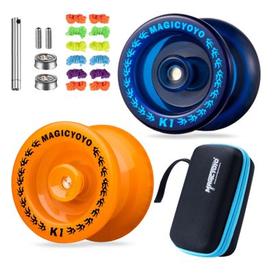 MAGICYOYO Pack of 2 Responsive Yoyos K1 Tug Return Hubstacks Yo-yo for Kids Beginners Dual Purpose Yo Yo with Unresponsive Bearing Kit + Storage Bag + 12 Strings +Hubstacks( Dark Blue & Glow Orange)