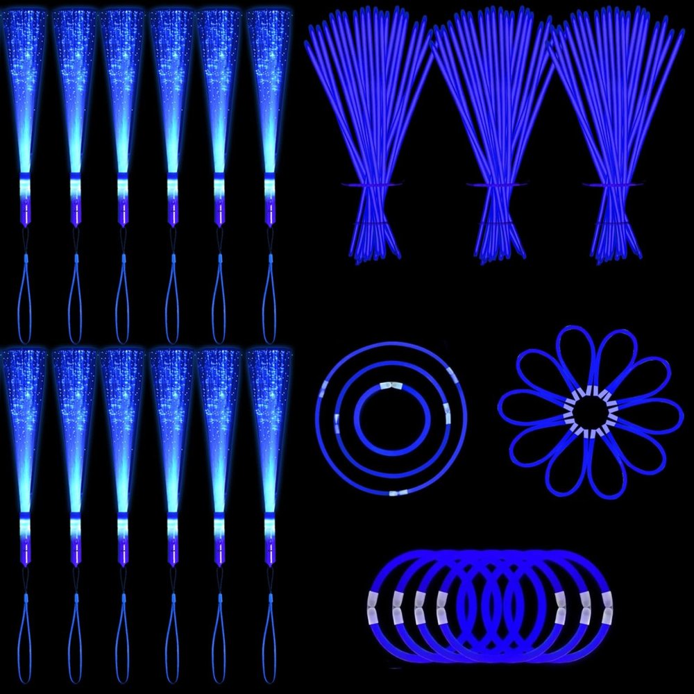 112 Pcs Blue Light Up Wand Glow Sticks Party Favors 100 Glowstick Necklaces Bracelets with Connectors 12 Fiber Optic Wand for Wedding,Neon Party,July 4th, Halloween,Christmas