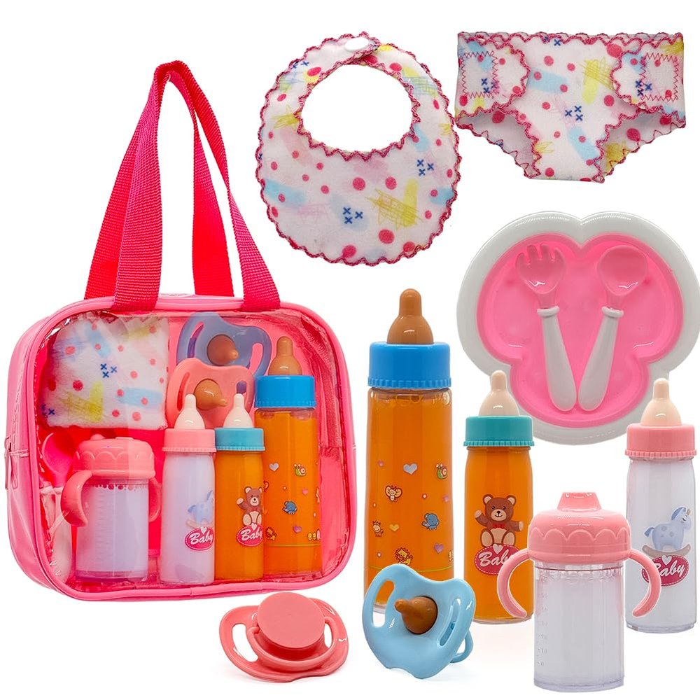 Baby Doll Accessories Magic Bottle Set - 11 Pieces Doll Feeding Pretend Playset with Disappearing Milk & Juice Bottles, Pacifiers Bowl Diaper and Bib Doll Bottle Toys set Gift for Kids Girls Ages 3+