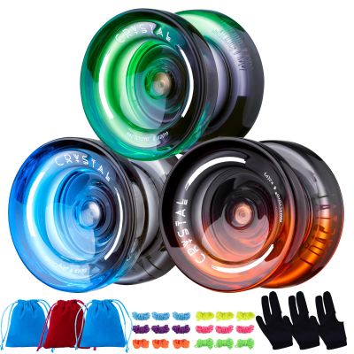 MAGICYOYO Pack of 3 Responsive Yoyos for Kids Beginners, K2 (Crystal YoYo with 3 Yo Yo Gloves, 3 Yo-yo Bags, 18 Yoyo Strings (Black Green+Black Blue+ Black Orange)