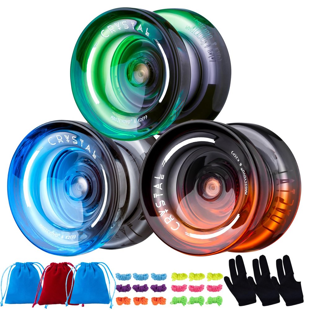 MAGICYOYO Pack of 3 Responsive Yoyos for Kids Beginners, K2 (Crystal YoYo with 3 Yo Yo Gloves, 3 Yo-yo Bags, 18 Yoyo Strings (Black Green+Black Blue+ Black Orange)