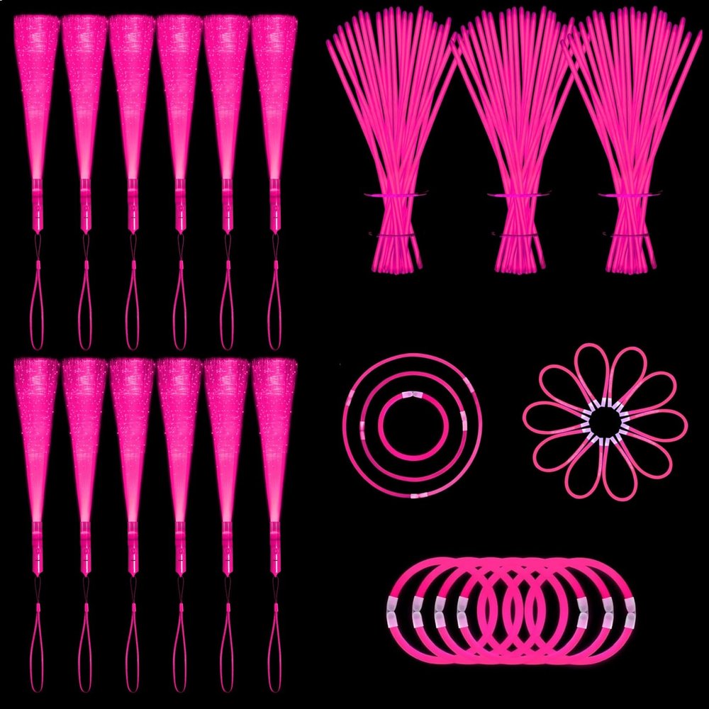 NUDALA 112 Pcs Pink Light Up Wand Glow Sticks Party Favors 100 Glowstick Necklaces Bracelets with Connectors 12 Fiber Optic Wand for Valentine's Day, Wedding,Nneon Party,July 4th, Halloween,Christmas
