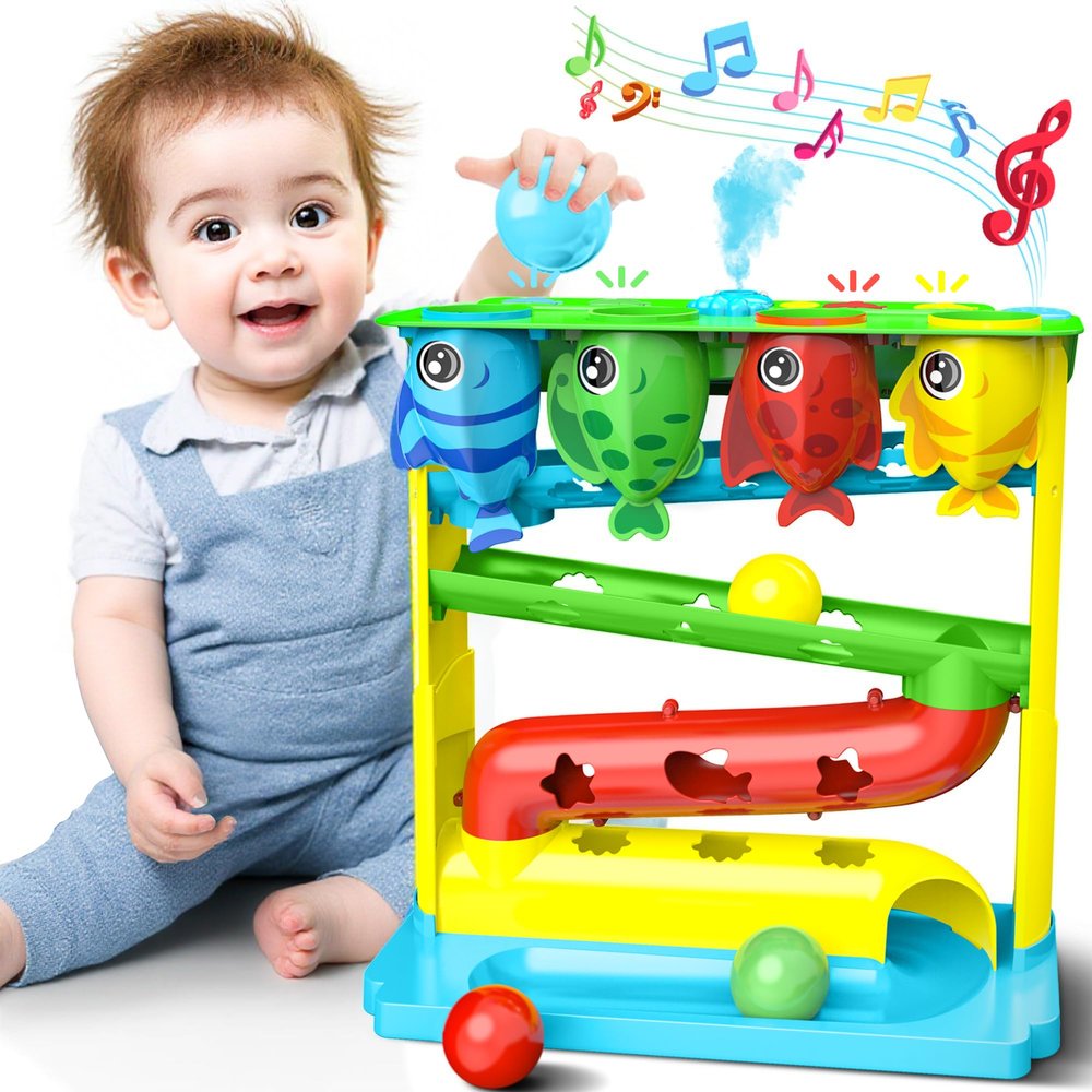 Ball Drop Toy for 1, 2 Years Old Boys & Girls, Interactive Toddler toy with Lights, Music & Water Spray, Montessori STEM Learning Toys for 9-18 Months, Infant Early Development Gift (Blue)