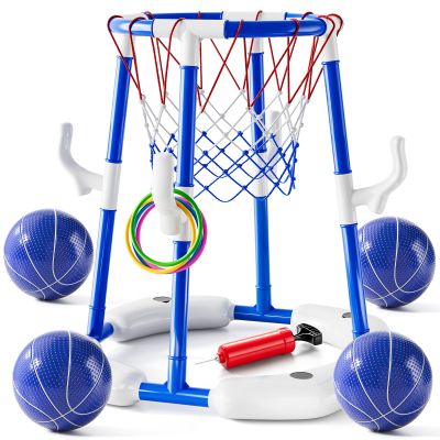 2-in-1 Pool Basketball Hoop & Ring Games with 4 Balls 12 Rings and Pump, Summer Water Outdoor Party Swimming Pool Toys Games for Kids Ages 4-8 8-12 Adult, Family Party Easter Birthday Games Toys
