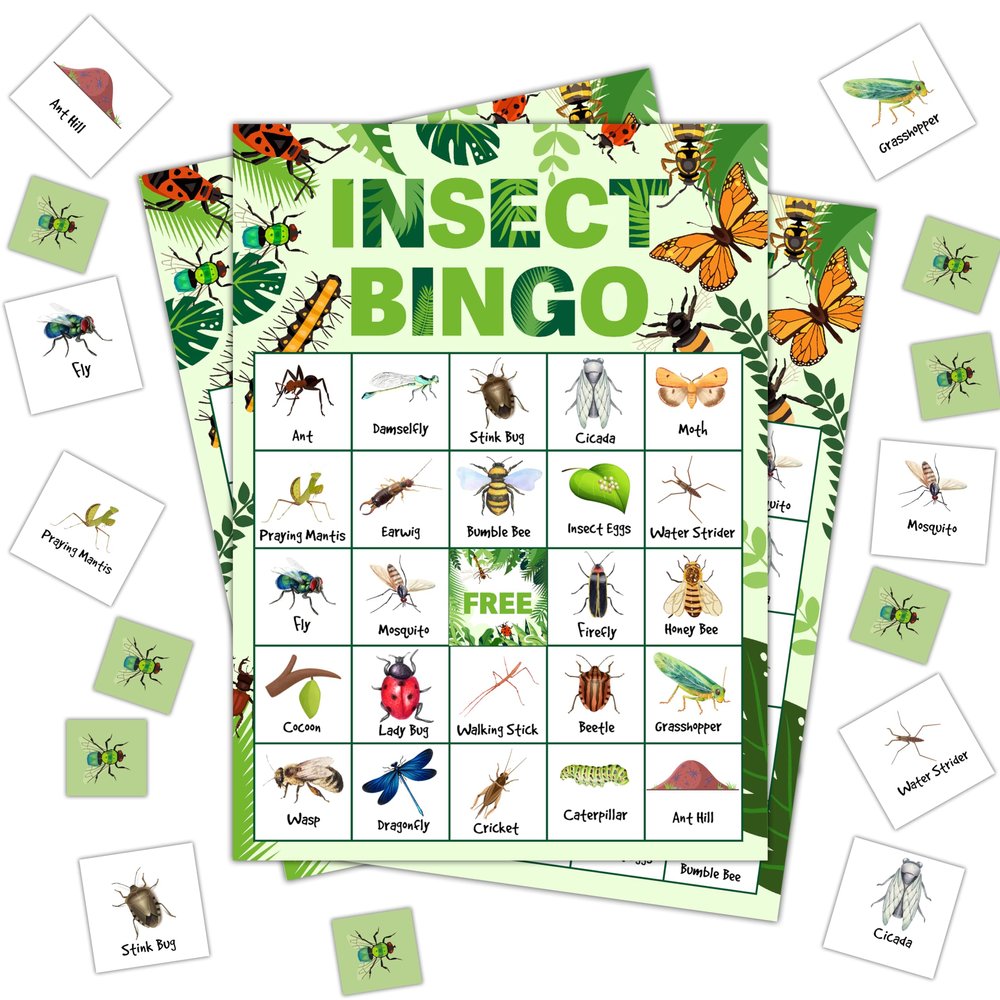 FTRZX Insect Bingo Cards, Greenery Nature Bingo Cards for Adults, Bingo Games for Birthday Party Summer Outdoor Party Camping Party, 24 Players Party Activity Favor Decoration Supplies, 06
