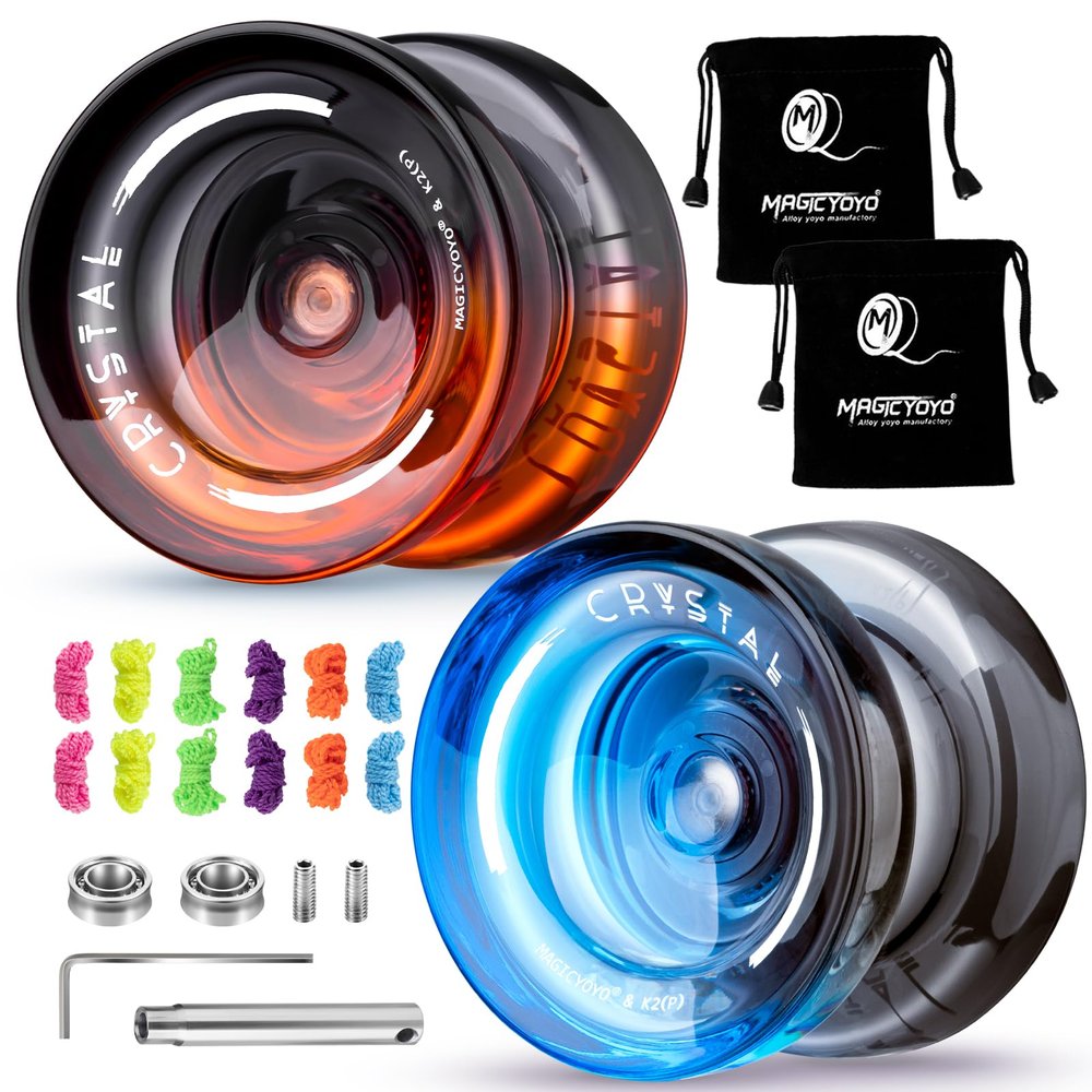 MAGICYOYO K2 Crystal Responsive Yoyos for Kids 8-12, Dual Function Professional Yoyo Pack with Finger Spin Function, Pro Yo yo with Bearing Kit, 12 Yo-yo Strings+2 Sacks (Black Orange+Black Blue)
