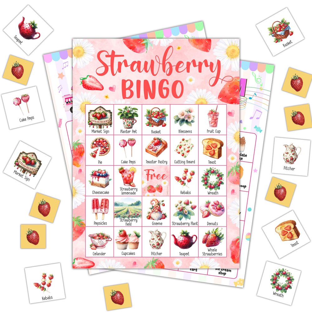 FTRZX Strawberry Bingo Cards, Food Daisy Party Bingo Cards for Adults, Bingo Games for Birthday Party Famliy Summer Party, 24 Players Party Activity Favor Decoration Supplies, 04