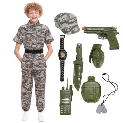 Colorful House Kids Army Costume Unisex Soldier Dress up for Halloween Role Play12-14yearsShort Sleeved Gray Green