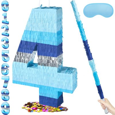 PCFING 20 Inch Number 4 Piata Blue Silver with 30 Inch Piata Stick Blindfold Confetti for Boys Girls Adults Birthday Party Decorations, Anniversary Celebration, Fiesta