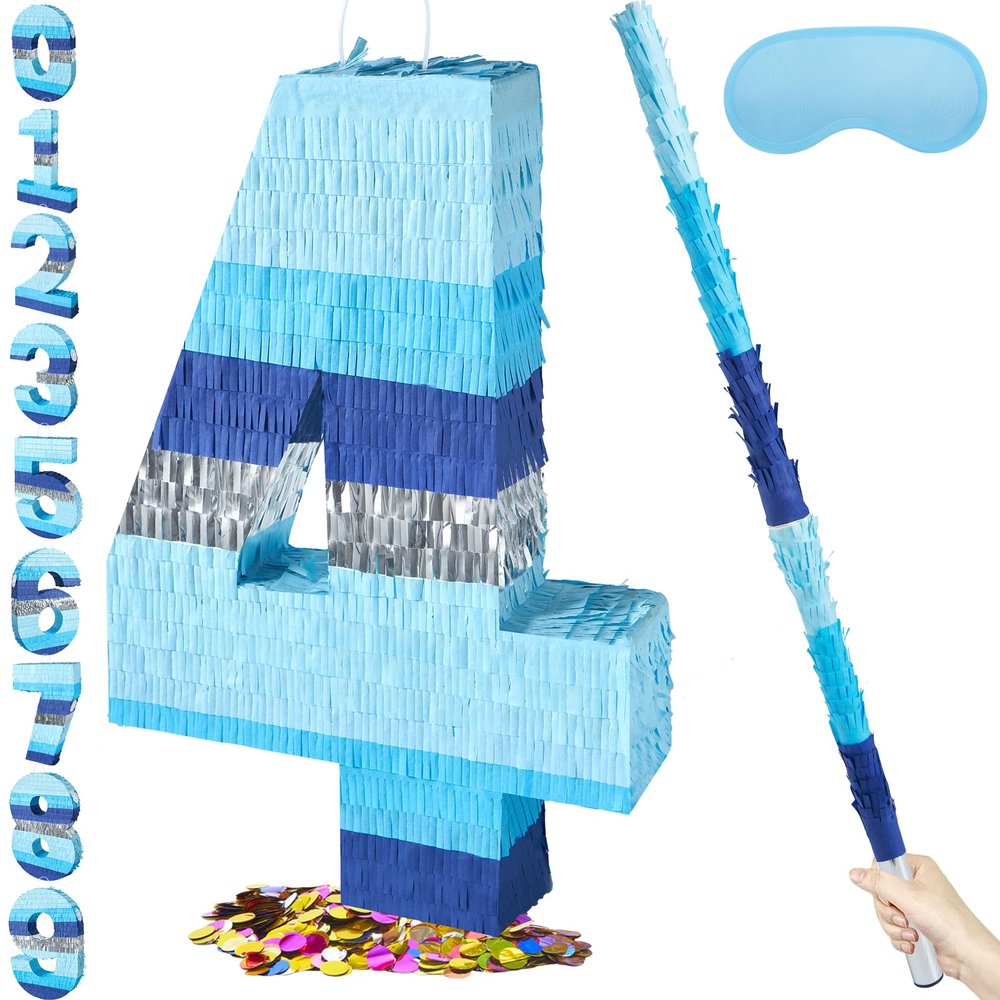 PCFING 20 Inch Number 4 Piata Blue Silver with 30 Inch Piata Stick Blindfold Confetti for Boys Girls Adults Birthday Party Decorations, Anniversary Celebration, Fiesta