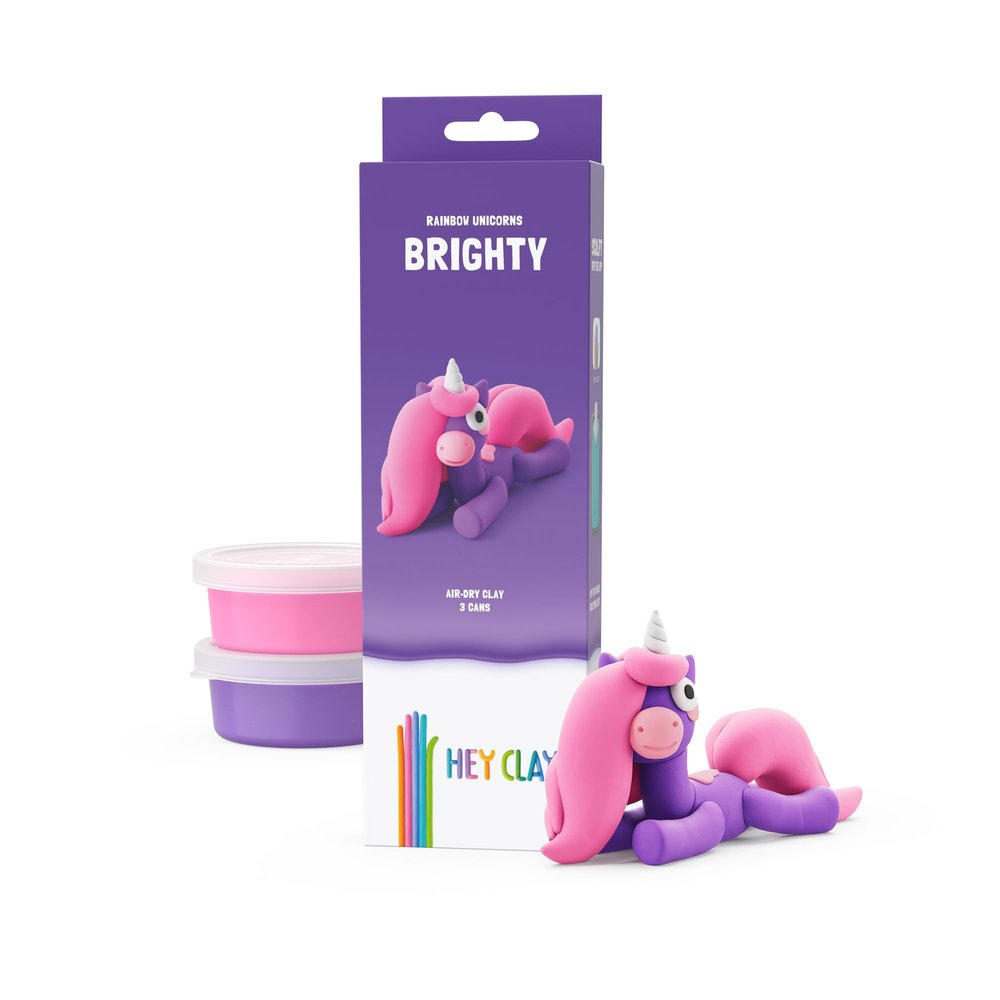 HEY CLAY Modelling Air-Dry Clay with Fun Interactive App - Modeling Clay and Crafts Set for Kids Ages 3 to 8 - Series Rainbow Unicorns, 3 cans (Brighty)