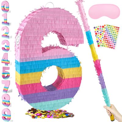 PCFING 20 Inch Number 6 Piata Candy Color with 30 Inch Piata Stick Blindfold Confetti for Boys Girls Adults Birthday Party Decorations, Anniversary Celebration, Fiesta
