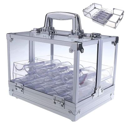 COYEUX 600Pcs Acrylic Poker Chip Case, Double Open Transparent Chip Box, with 6 Poker Chip Trays, for Family Games
