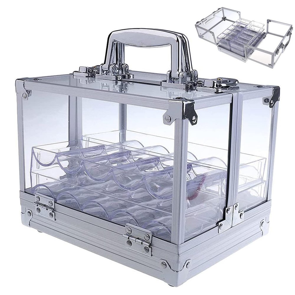 COYEUX 600Pcs Acrylic Poker Chip Case, Double Open Transparent Chip Box, with 6 Poker Chip Trays, for Family Games